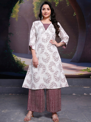 Spectacular White Floral Printed Cotton Office Wear Kurta With Palazzo